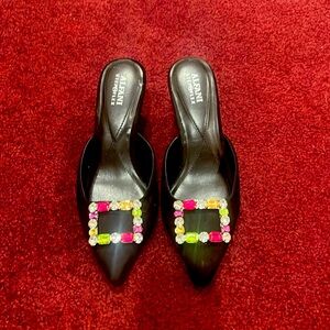 New black Alfani step n flex faux suede multi rhinestones mules 3 inch heel 9.5